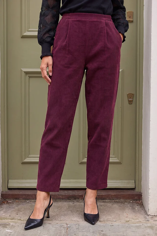 Roman Wine Petite Tuck Front Corduroy Trouser