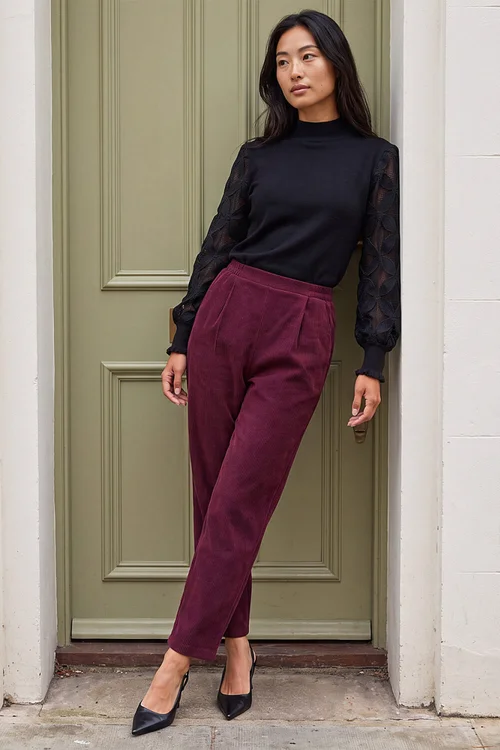 Roman Wine Petite Tuck Front Corduroy Trouser - 18 Image 2