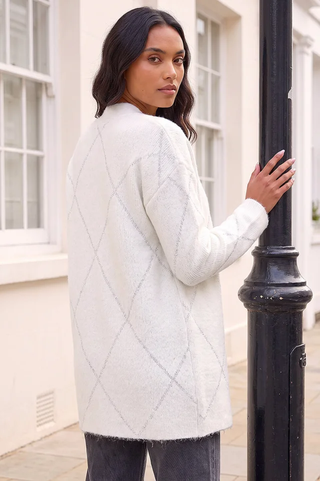 Roman Ivory Sparkle Argyle Cardigan