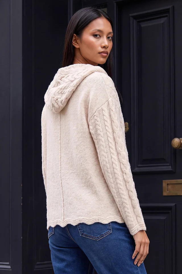 Roman Cream Petite Cable Knit Hooded Cardigan