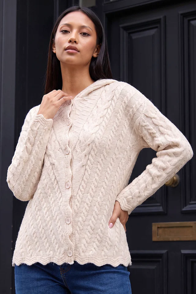 Roman Cream Petite Cable Knit Hooded Cardigan