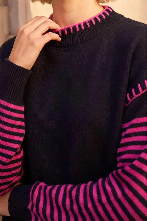 Roman Black Contrast Stitch Stripe Jumper - 14 Image 4