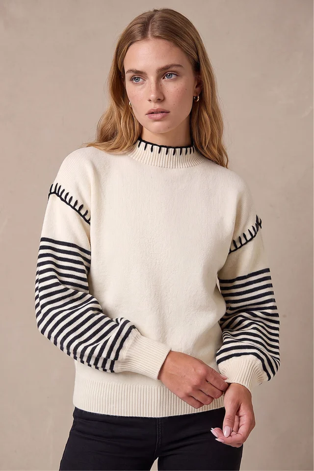 Roman Ivory Contrast Stitch Stripe Jumper