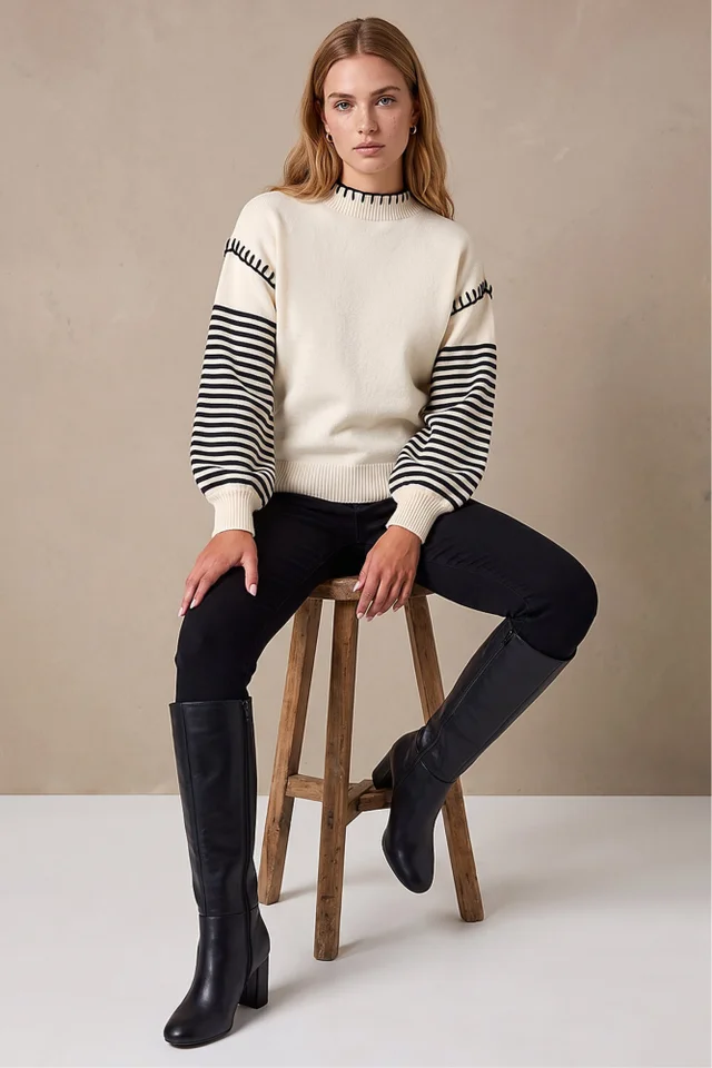 Roman Ivory Contrast Stitch Stripe Jumper