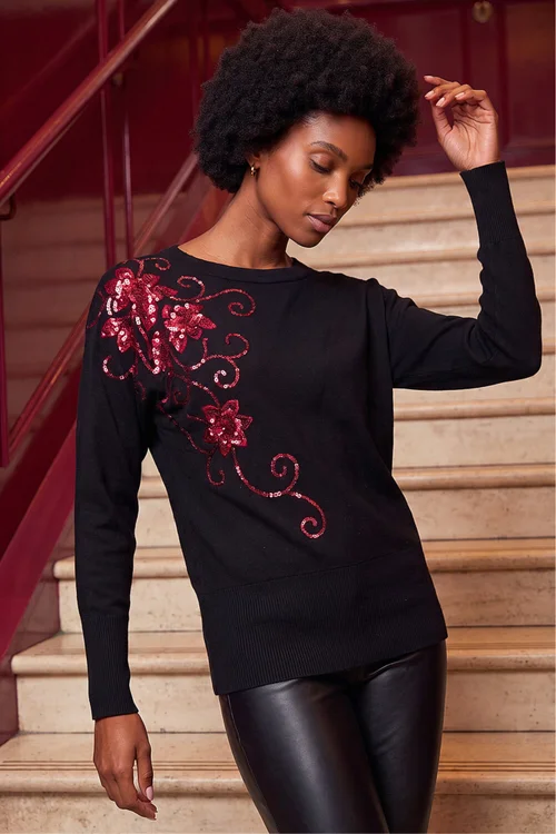 Roman Black Sequin Floral Batwing Knit Jumper - 18 Image 1
