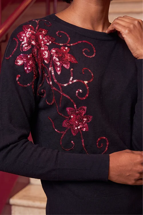 Roman Black Sequin Floral Batwing Knit Jumper - 18 Image 4