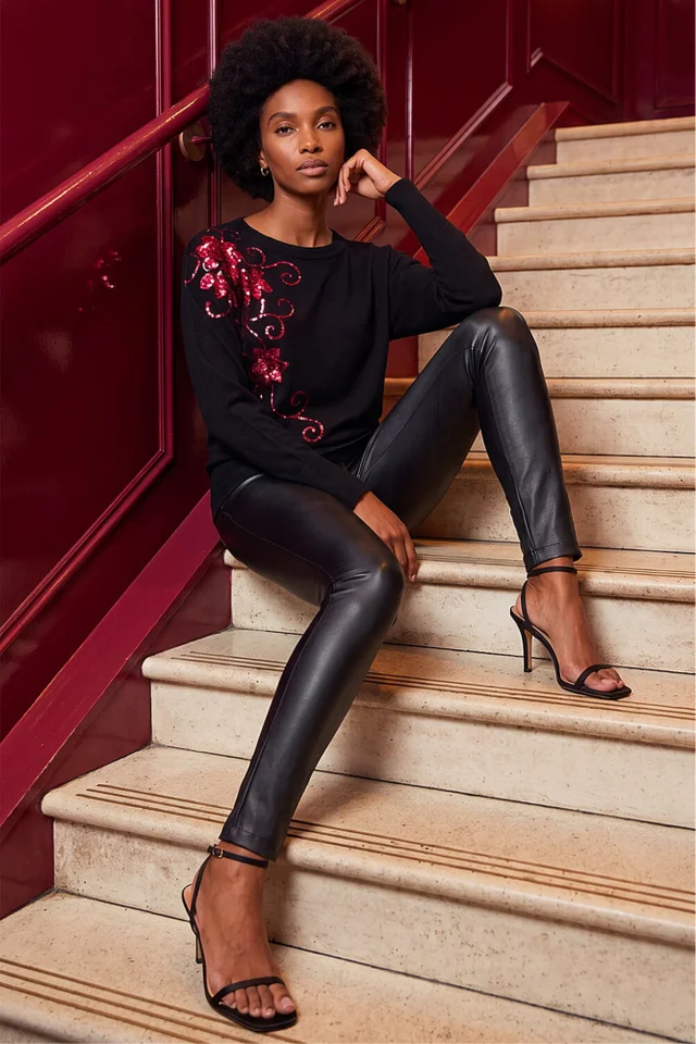 Roman Black Sequin Floral Batwing Knit Jumper