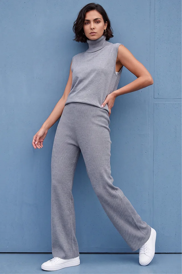 Roman Grey Shimmer Ribbed Knit Trouser