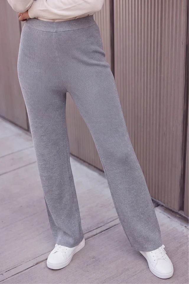 Roman Grey Shimmer Ribbed Knit Trouser