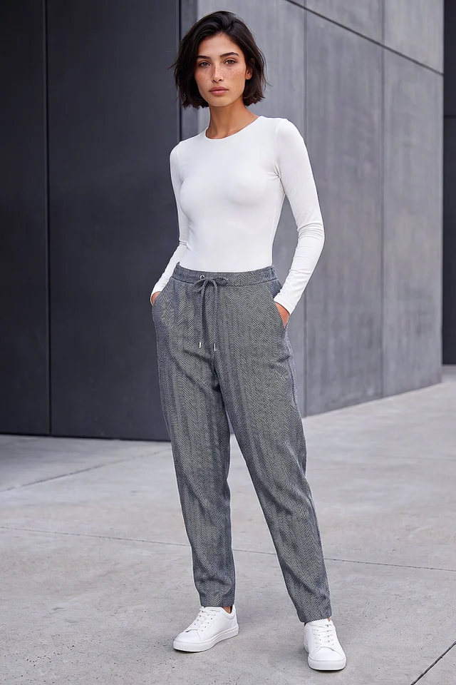 Roman Grey Petite Herringbone Stretch Trouser