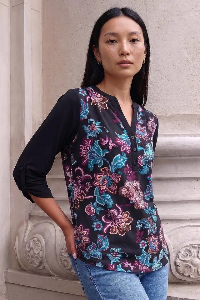 Roman Black Floral Puff Print Stretch Shirt