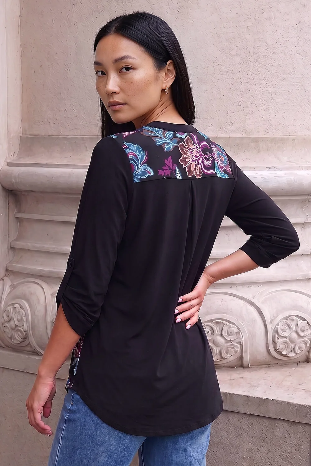 Roman Black Floral Puff Print Stretch Shirt - 18 Image 3