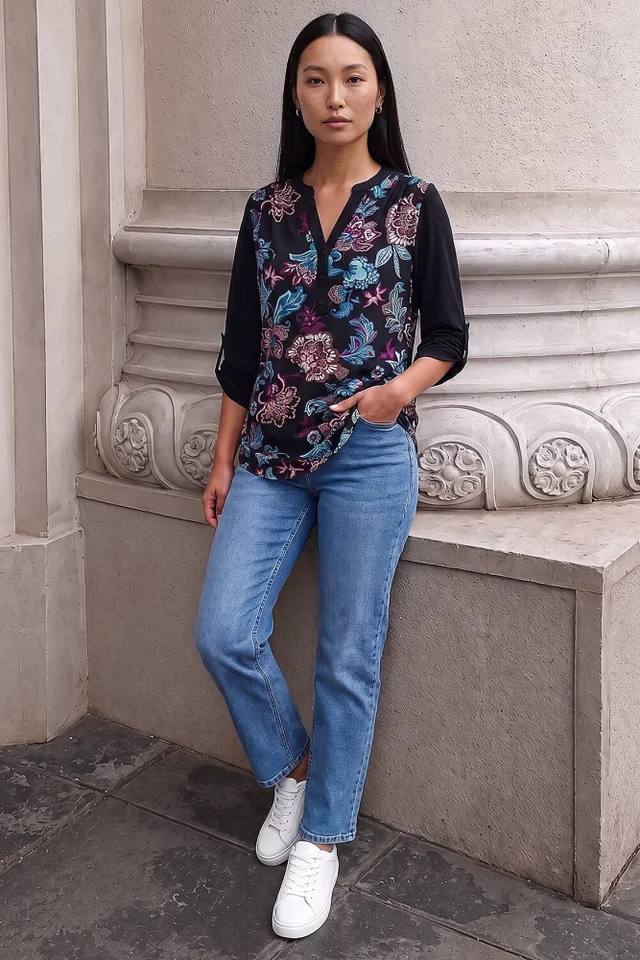 Roman Black Floral Puff Print Stretch Shirt