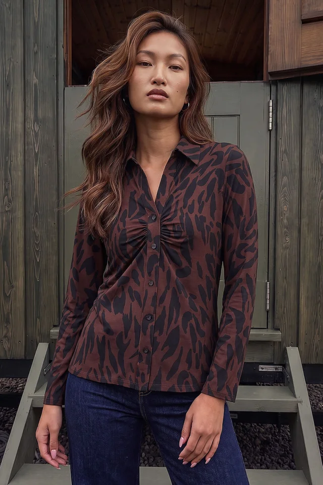 Roman Chocolate Abstract Print V-Neck Blouse