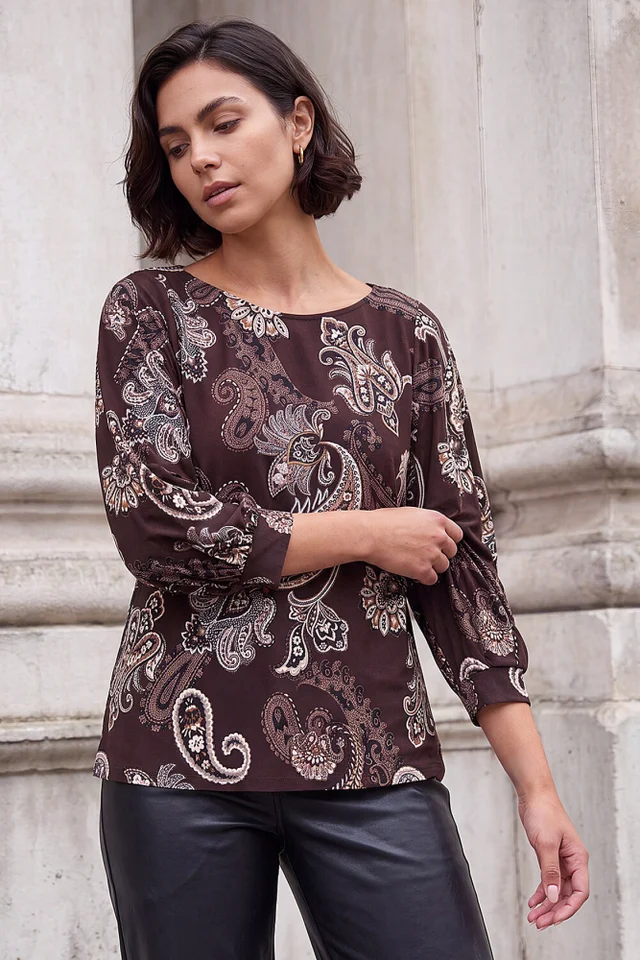 Roman Chocolate Paisley Drop Shoulder Top