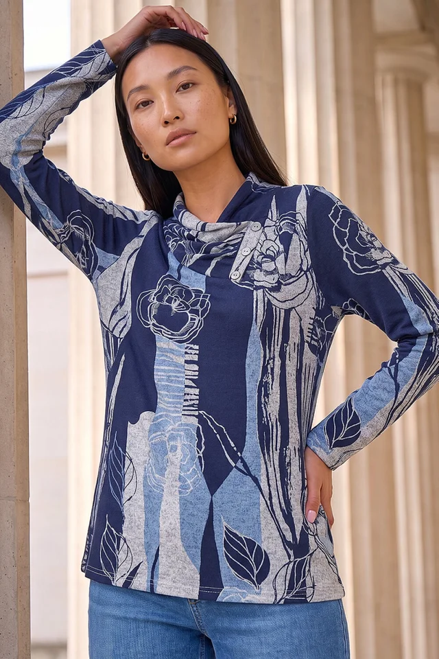 Roman Blue Abstract Stretch Jersey Button Top