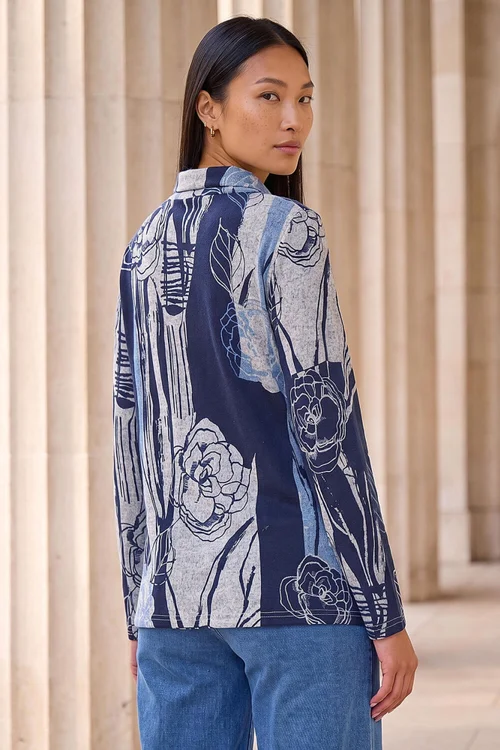 Roman Blue Abstract Stretch Jersey Button Top - 12 Image 2