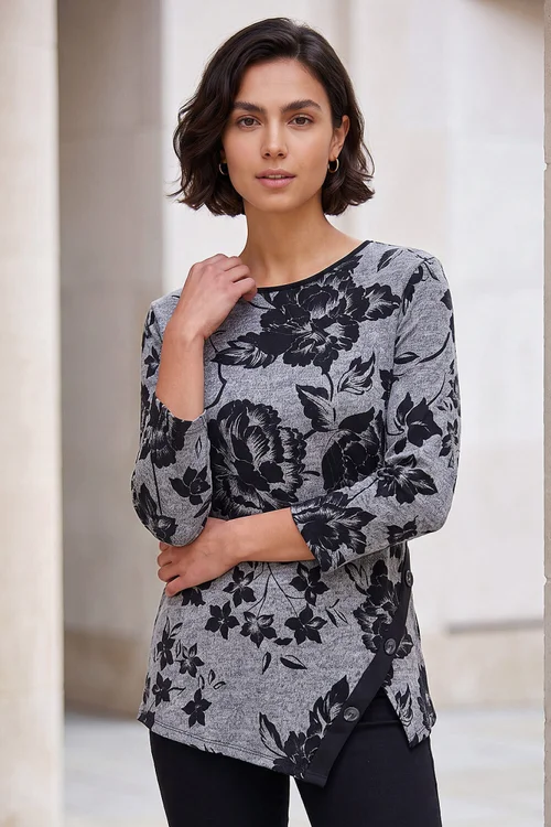 Roman Grey Floral Print Snit Scarf Tunic Top - 18 Image 1