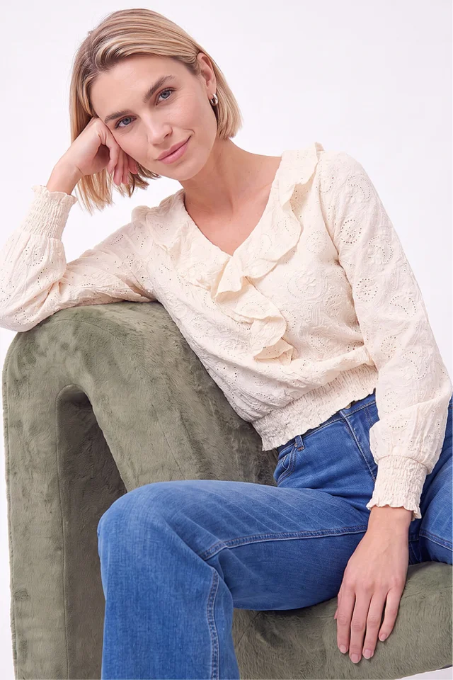 Roman Cream Textured Frill Top