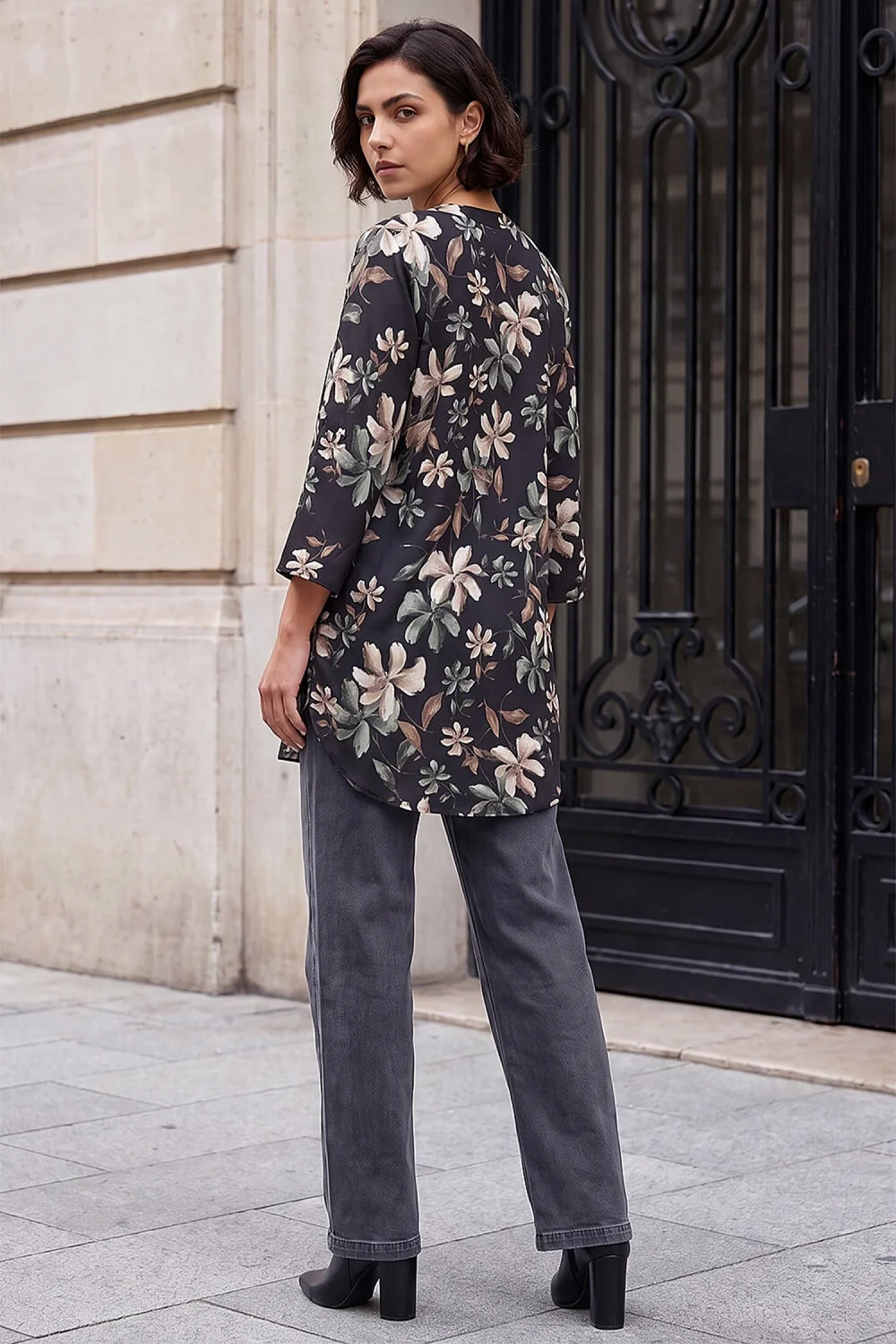 Roman Stone Floral Print Buttoned Longline Top - 14 Image 3