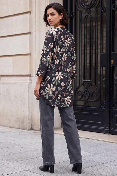 Roman Stone Floral Print Buttoned Longline Top - 14 Image 3