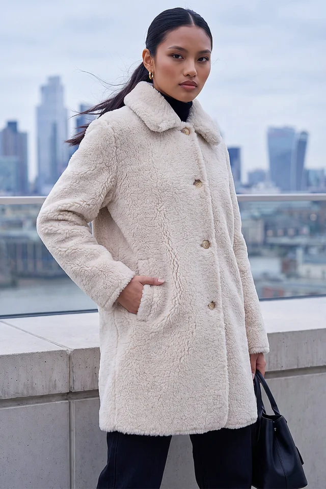 Roman Ivory Petite Faux Sheepskin Coat