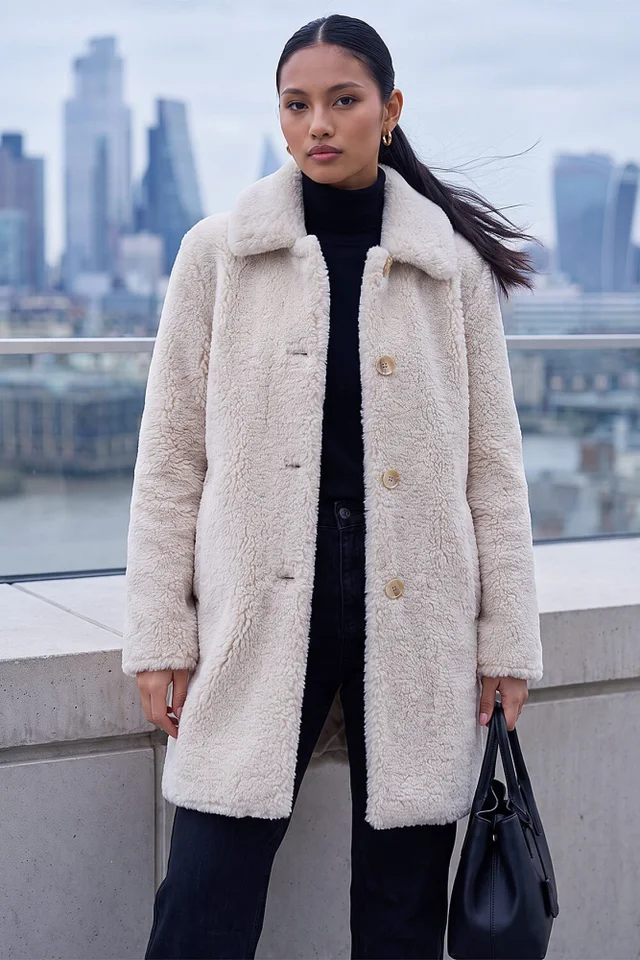 Roman Ivory Petite Faux Sheepskin Coat