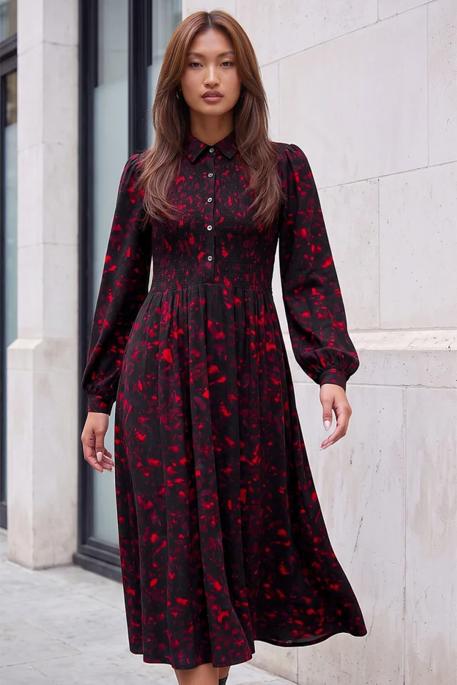 Roman Red Abstract Shirred Collared Midi Dress