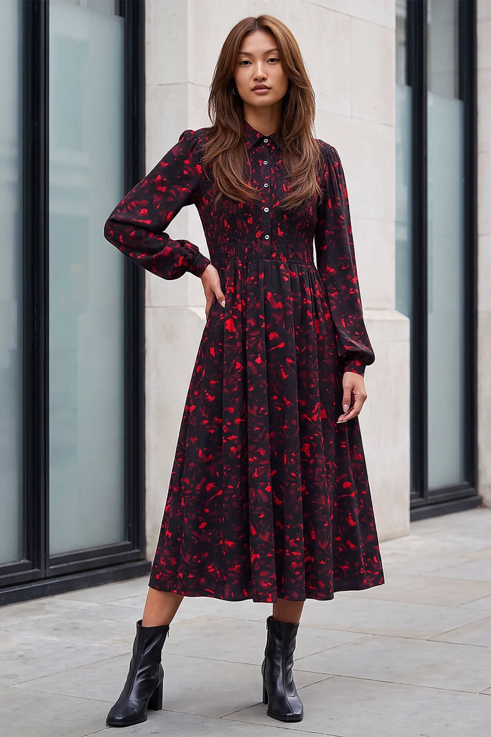 Roman Red Abstract Shirred Collared Midi Dress - 14 Image 2