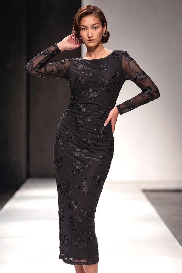 Roman Black Cornelli Stretch Mesh Dress