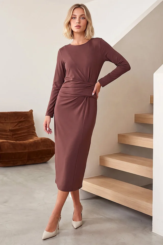 Dusk Chocolate Ruched Waist Midi Dress