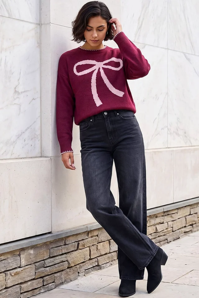 Roman Burgundy Contrast Stitch Bow Knit Jumper