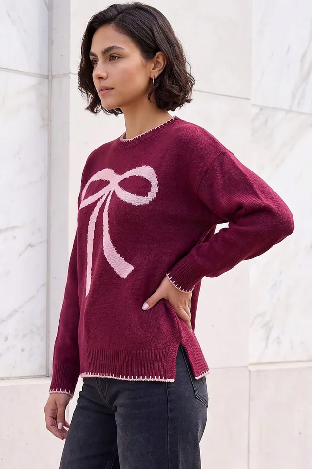 Roman Burgundy Contrast Stitch Bow Knit Jumper