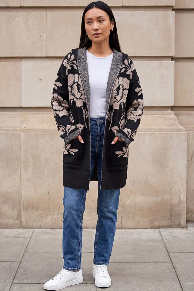 Roman Black Floral Hooded Knit Cardigan