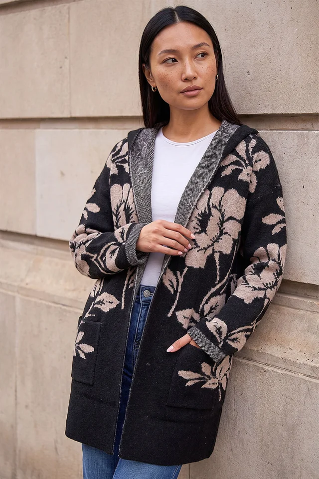 Roman Black Floral Hooded Knit Cardigan