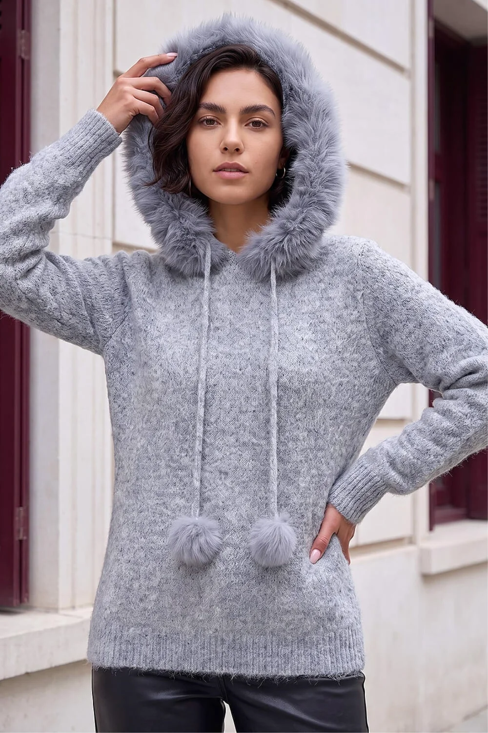 Roman Grey Faux Fur Hooded Knit - 20 Image 3