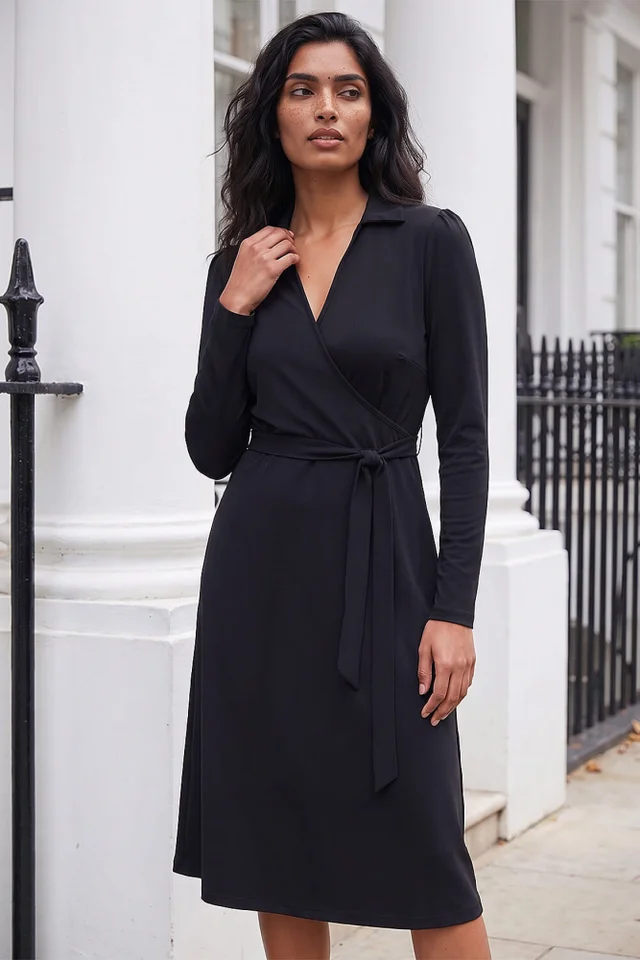 Roman Black Wrap V-Neck Midi Dress