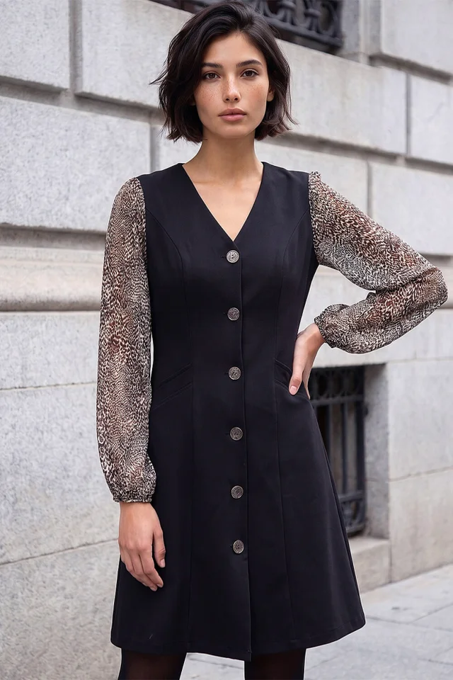Roman Black Petite Button Down Dress