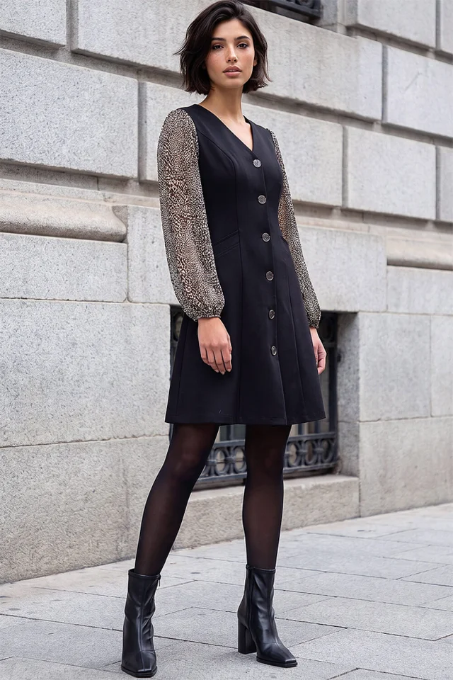 Roman Black Petite Button Down Dress