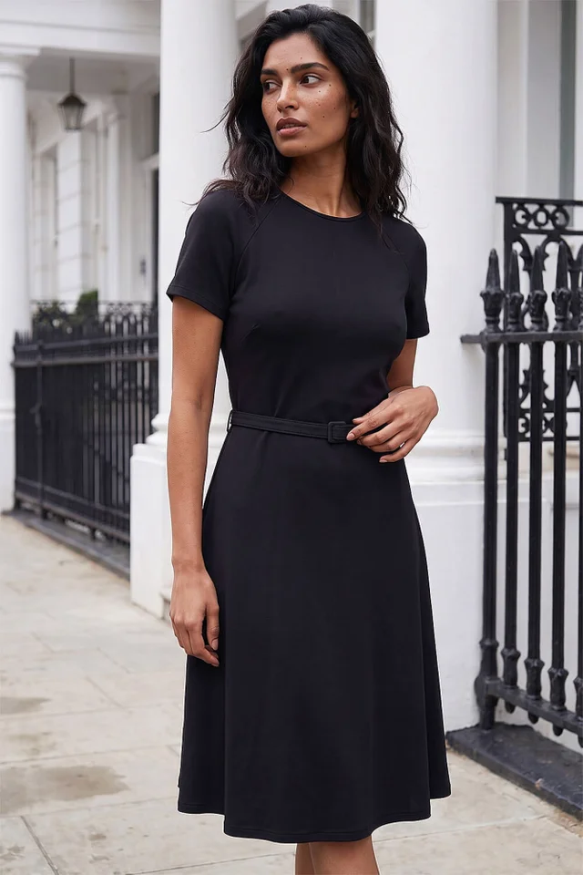 Roman Black Ponte Belted Short Dress