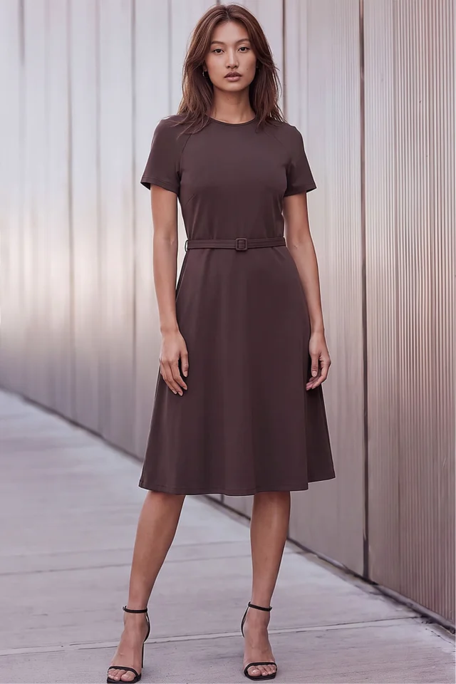 Roman Chocolate Ponte Belted Short Dress