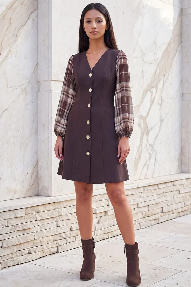 Roman Chocolate Petite Button Down Dress