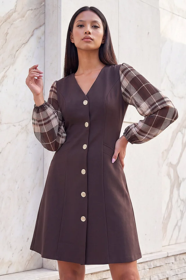 Roman Chocolate Petite Button Down Dress