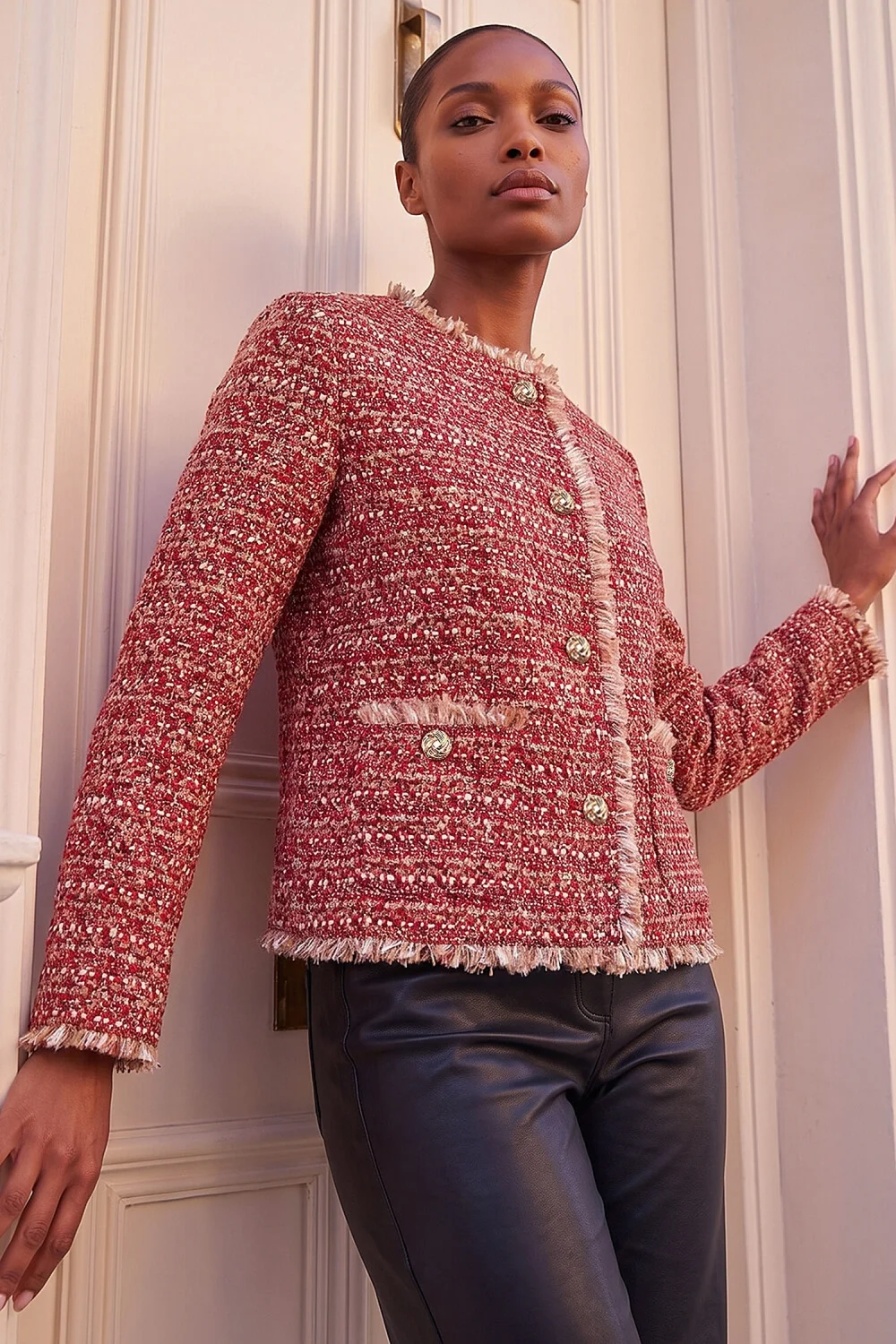 Roman Red Frayed Edge Boucle Jacket - 14 Image 1
