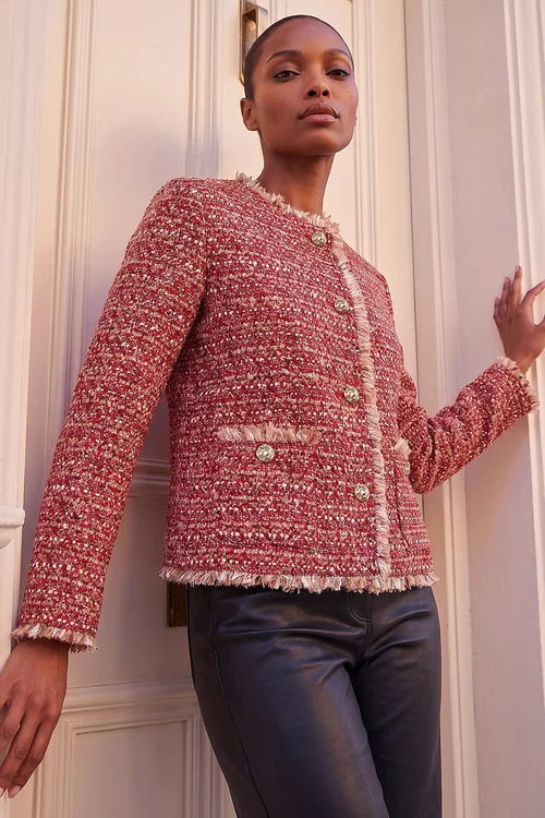 Roman Red Frayed Edge Boucle Jacket - 14 Image 1