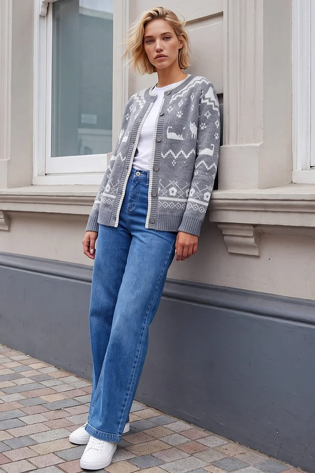 Roman Grey Cat Jacquard Cardigan
