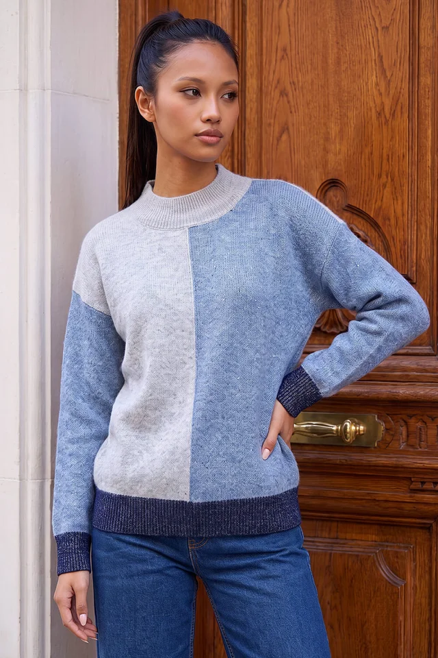 Roman Blue Petite Sequin Colour Block Jumper