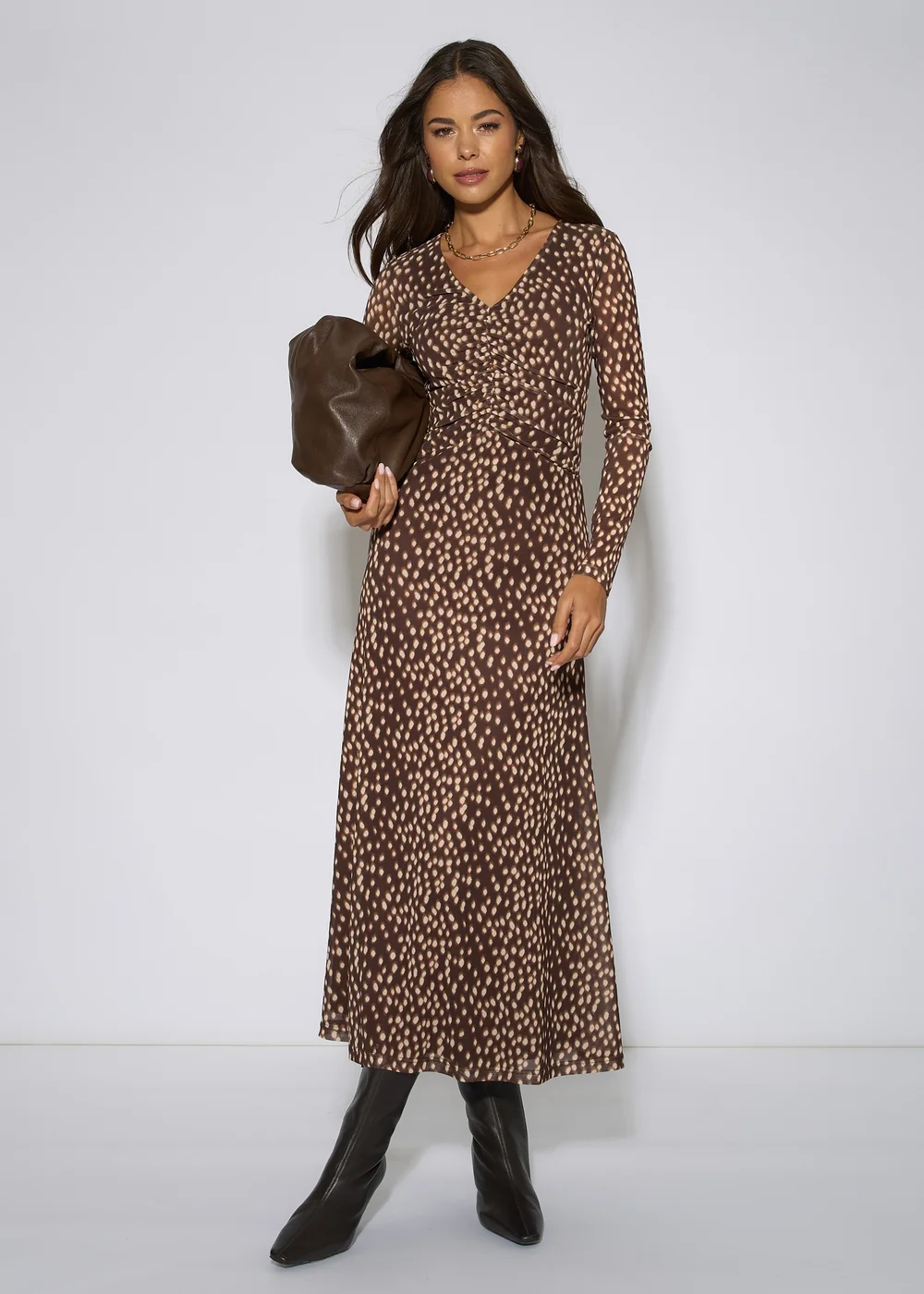 Gini London Brown Animal Mesh Ruched Front Midaxi Dress - 8 Image 2