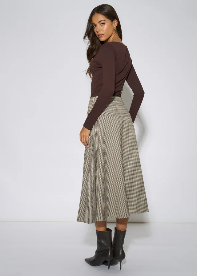 Gini London Brown Dog Tooth A Line Midi Skirt