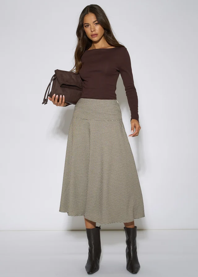 Gini London Brown Dog Tooth A Line Midi Skirt